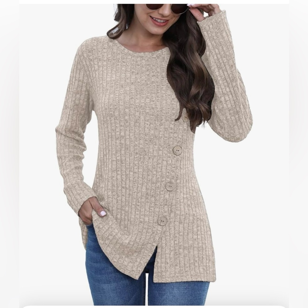 Gray Ribbed Sweater with Button Detail